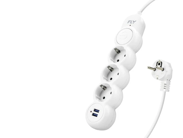 Termal Akım Korumalı Uzatma Kablosu 3 Priz + 2X Usb 2.1A Anahtarlı 2 M - Beyaz 3393-01 ürün görseli 1