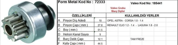 FORM METAL MARŞ DİŞLİSİ 10 DİŞ 9 KANAL VALEO TİPİ OPEL ASTRA CORSA RENAULT CLIO LAGUNA TAM FREZE  DS=10 DKÇ=27,9 BOY=51,5 KS=9 BDÇ=12 GÇ=46,5 ürün görseli 1