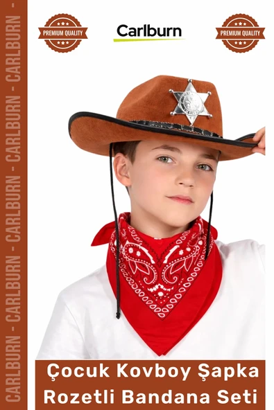 #Kostüm Western Parti Doğum Günü Kostüm Çocuk Kovboy Şapka Rozetli Kahverengi Kırmızı Bandana Seti ürün görseli 1