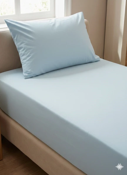 Maki Home %100 Pamuklu Buz Mavisi 90x190+50x70 cm tek kişilik lastikli çarşaf takımı ürün görseli 1