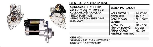 DODO MARŞ MOTORU  24V.11D.3,5 KW ISUZU SAMPIYON NPR66-NKR66-4BE1-4HF1 1997-2003  HİTACHİ TİPİ ürün görseli 1