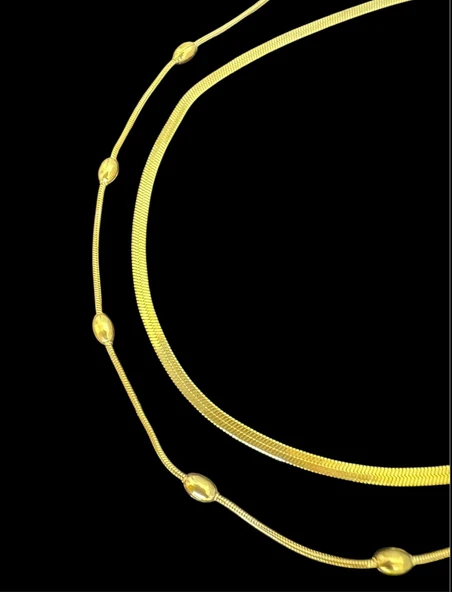 ÇELİK 2'Lİ GOLD RENK MODEL ÇELİK KOLYE 45 CM - Resim 2