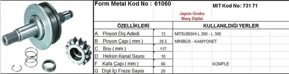 FORM METAL MARŞ DİŞLİSİ 13 DİŞ 10 KANAL JAPON TİPİ MITSUBISHI L200 L300 KOMPLE ürün görseli 1