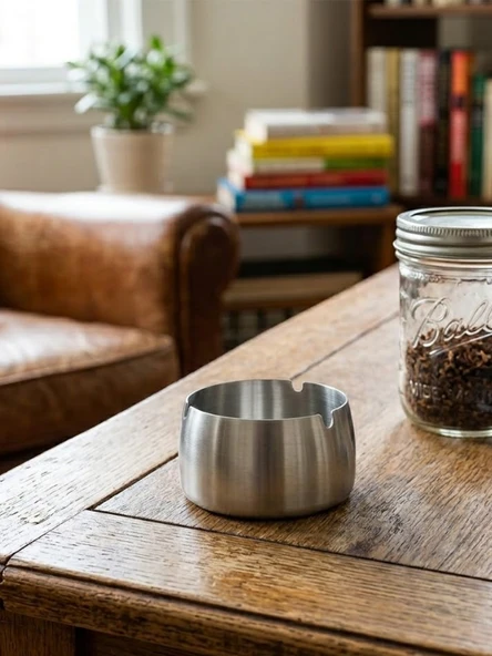 Mucit Home Gümüş Bombeli Paslanmaz Metal Küllük – Modern ve Şık Tasarım ürün görseli 1