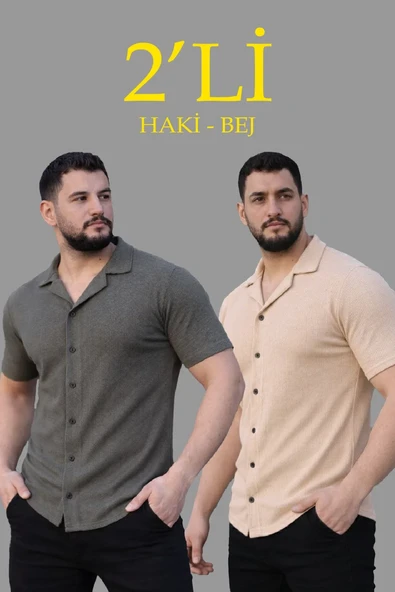 Erkek Waffle Dokuma Açık Yakalı Düğmeli Regular Kalıp 2 li Gömlek Seti - Haki & Bej ürün görseli 1