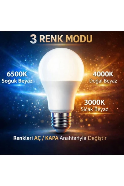 3 Farklı Renk Modlu 9W E27 Led Ampul 3000K - 4000K - 6500K (1 Adet) ürün görseli 1