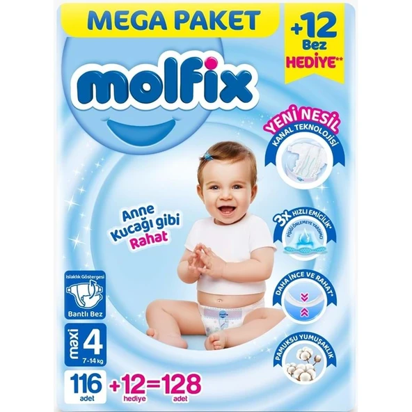 Molfix Bebek Bezi 4 Beden 7-14 KG Maxi 128 Adet MeGa Pk ürün görseli 1