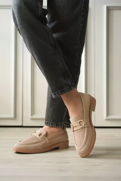 Bej Kadın Loafer Metal Tokalı Rahat Günlük Ayakkabı TR30MS02B ürün görseli 1