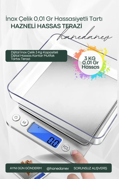 Dijital İnox Çelik 3 Kg Kapasiteli Dijital Hassas Kantar Mutfak Tartısı Terazi ürün görseli 1