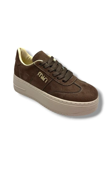 Şanzelize K1-26 Süet Deri Yüksek Anatomik Taban Bağcıklı Kadın Sneaker Kahve Bej ürün görseli 1