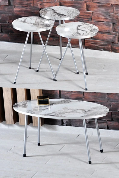 Zigon Sehpa Ve Orta Sehpa Elips Gümüş Metal Ayak Gümüş Efes Set ürün görseli 1