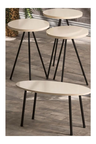 Zigon Sehpa Ve Orta Sehpa Set Metal Elips Krem ürün görseli 1