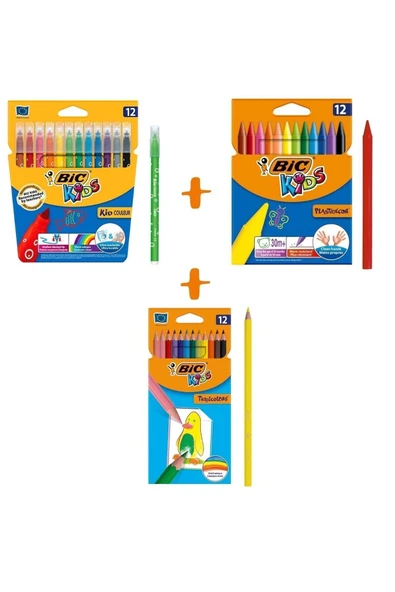 Bic Boyama Seti Kuru Boya 12'li + Keçeli Boya 12'li + Mum Pastel Boya 12'li ürün görseli 1