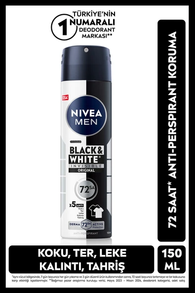 NIVEA MEN Erkek Sprey Deodorant Black&White Invisible Original,72 Saat Anti-perspirant Ter Koruma,Alkolsüz ürün görseli 1