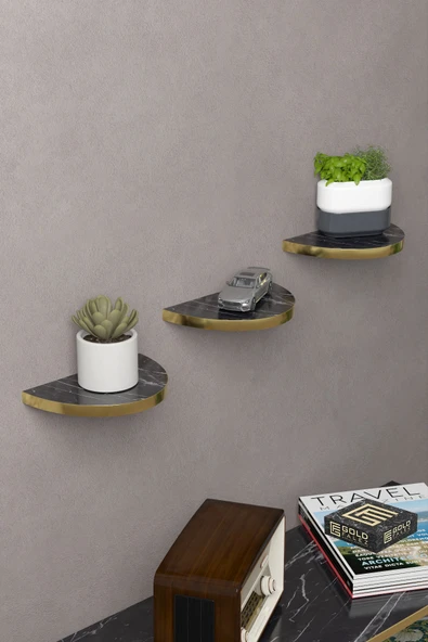 Duvar Rafı Dekoratif 3 Adet Çiçeklik Oval Altın Bendir ürün görseli 1