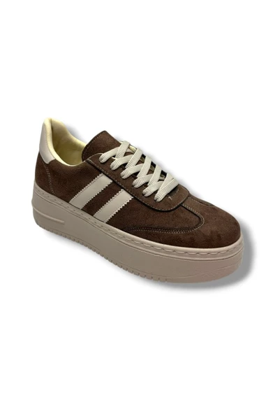 Şanzelize K16-26 Süet Deri Yüksek Anatomik Taban Bağcıklı Kadın Sneaker Kahve Bej ürün görseli 1