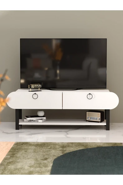 Tv Sehpası Tv Ünitesi Kapaklı Raflı Setro Beyaz ürün görseli 1