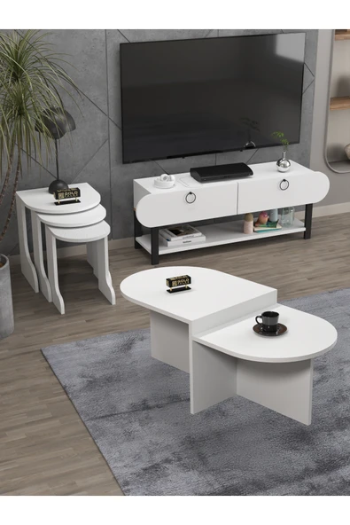 Tv Sehpası Ünitesi Tekli Orta Sehpa 3'Lü Zigon Sehpa Set Üç Ürün Beyaz ürün görseli 1