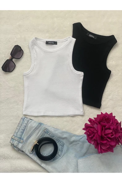 Wearflawless 2'li Adet Kadın Halter Yaka Fitilli Askılı Sıfır Kol Crop Bluz ürün görseli 1
