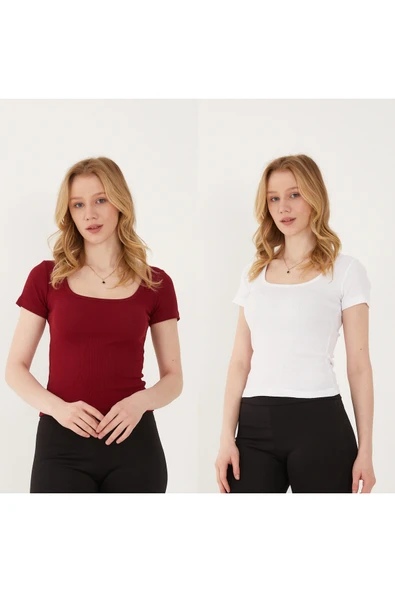 Wearflawless Kadın 2'li Adet Kısa Kollu Fitilli U Yaka Pamuklu Örme Kaşkorse T-Shirt Bluz Body ürün görseli 1