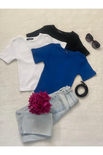 Wearflawless Kadın 3 Lü Adet Fitilli Pamuklu Bisiklet Yaka Örme Kaşkorse Crop T-shirt ürün görseli 1