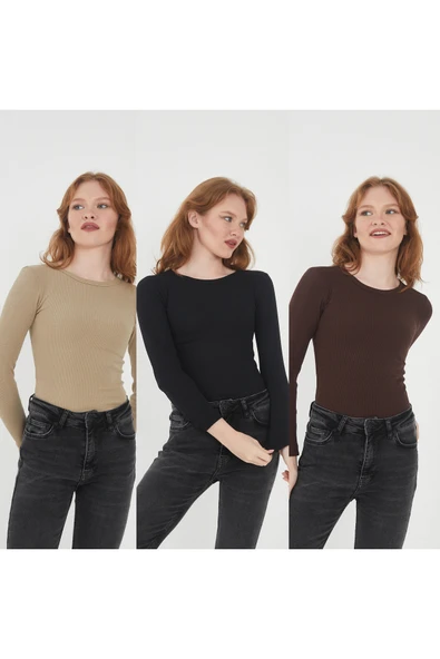 Wearflawless Kadın %100 PAMUKLU 3'lü Bisiklet Yaka Uzun Kollu Fitilli Bluz Set ürün görseli 1