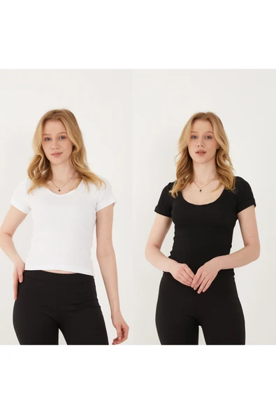 Wearflawless Kadın 2'li Adet V Yaka Fitilli Kısa Kol T-Shirt, Bluz ürün görseli 1