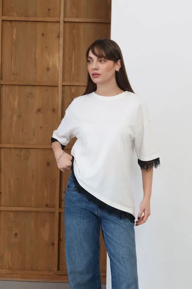 Kadın Dantel Detaylı Kısa Kollu Bisiklet Yaka T-Shirt ürün görseli 1