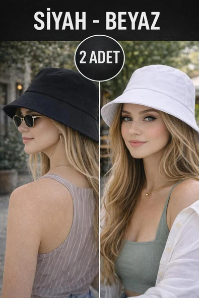 Wearflawless Kadın 2'li Set Siyah ve Beyaz Bucket Şapka, Kova Şapka, Trend Yazlık Günlük Şapka ürün görseli 1