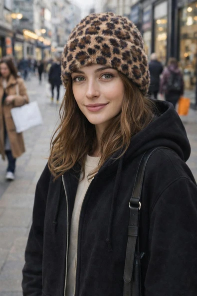 Wearflawless Leopar Desenli Katlamalı Bere, Kışlık Bere, Yumoş Bere ürün görseli 1
