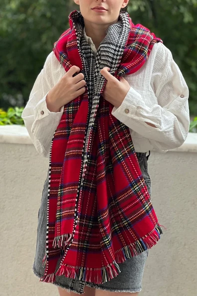 Wearflawless Ekose Desenli Yün Dokulu Çift Taraflı Atkı Şal ürün görseli 1
