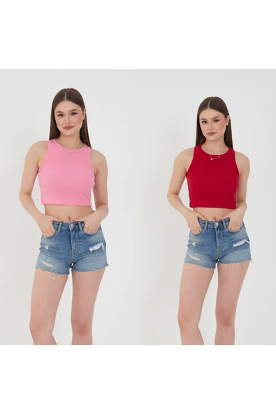 Wearflawless Kadın 2'li Adet Fitilli PAMUKLU Örme Kaşkorse Crop Bluz Atlet ürün görseli 1