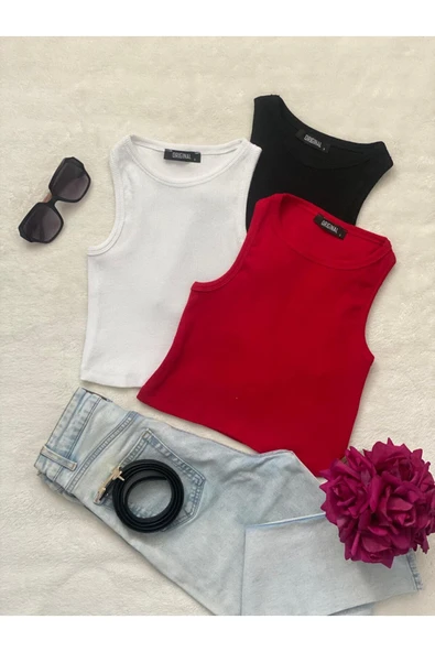 Wearflawless 3'lü Adet Kadın Halter Yaka Fitilli Askılı Sıfır Kol Crop Bluz ürün görseli 1