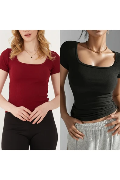 Wearflawless 2'li Takım Kaşkorse Kumaş Fitilli Göğüs Dekolteli Kısa Kollu Bluz, T-Shirt ürün görseli 1