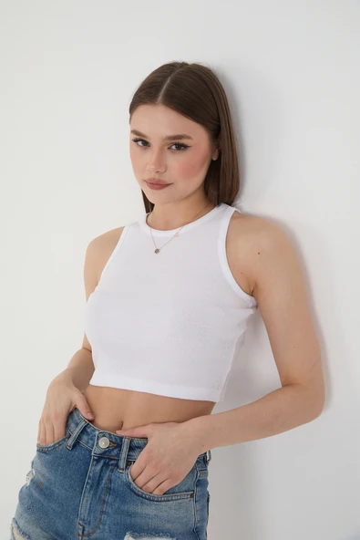 Wearflawless Beyaz Halter Yaka Fitilli Crop Atlet Bluz ürün görseli 1