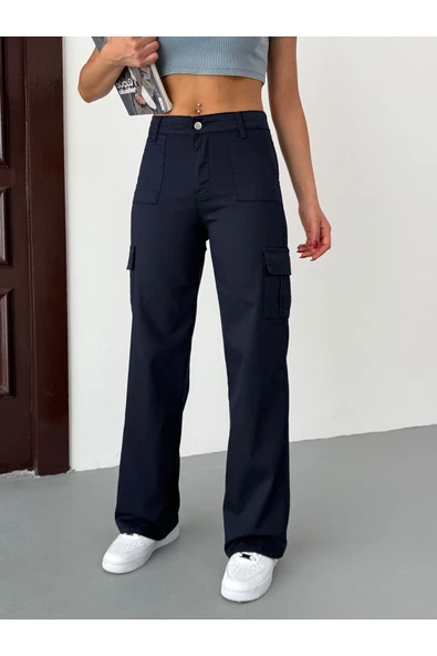 Wearflawless Kadın Kargo Cepli Gabardin Kumaş Yüksek Bel Pantolon ürün görseli 1