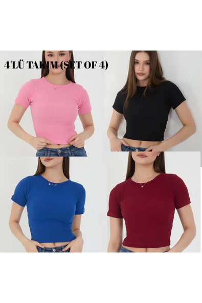 Wearflawless Kadın 4 Lü Adet Fitilli %100 Pamuklu Bisiklet Yaka T-shırt Crop Bluz ürün görseli 1