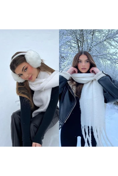Wearflawless 2'li Tk. Beyaz Peluş Kulaklık ve Soft Atkı Takımı, Kışlık Kulaklık ve Atkı,Sevgililer Günü Hediyesi ürün görseli 1