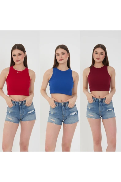 Wearflawless Kadın 3 lü Adet Fitilli PAMUKLU Örme Kaşkorse Crop Bluz ATlet ürün görseli 1