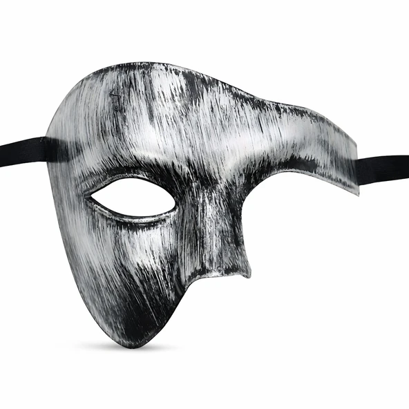 Antik Eskitme Gümüş Erkek Yarım Maske - Phantom  Balo Maskesi ürün görseli 1