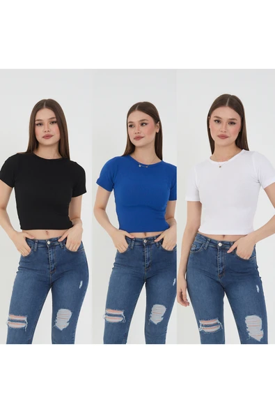Wearflawless Kadın 3 lü Kısa Kollu Fitilli Bisiklet Yaka  %100 Pamuklu Örme Kaşkorse Crop T-Shirt ürün görseli 1