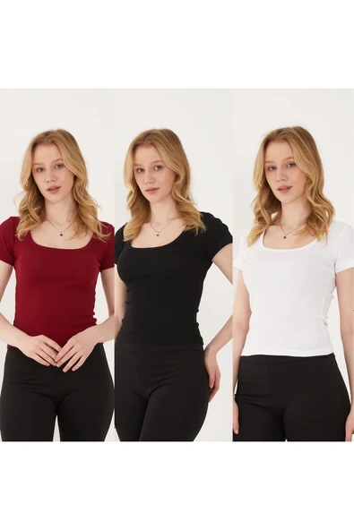 Wearflawless Kadın 3'lü Adet Kısa Kollu Fitilli U Yaka Pamuklu Örme Kaşkorse T-Shirt Bluz Body ürün görseli 1