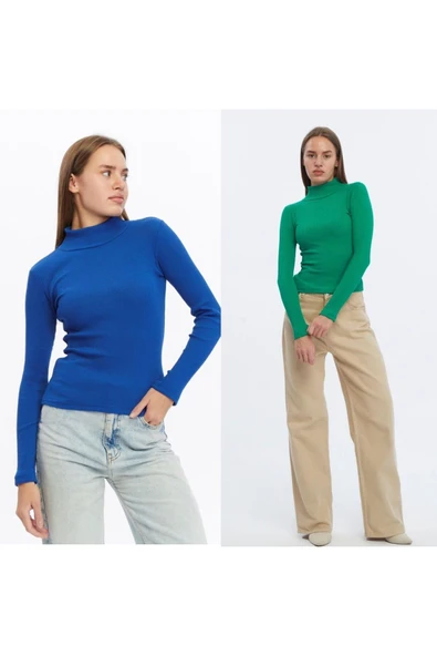 Wearflawless Kadın 2 li Uzun Kollu Fitilli Balıkçı Yaka Örme Kışlık  Bluz ürün görseli 1