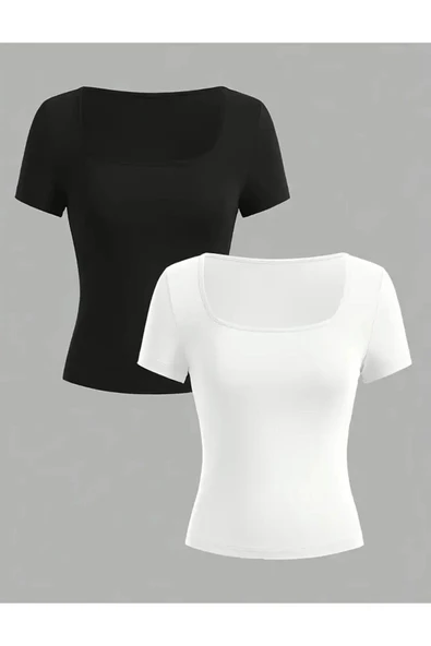 Wearflawless Kadın 2'li Set Siyah-Beyaz Kare Yaka Bluz & T-Shirt, Fitilli Likralı Kaşkorse Kumaş ürün görseli 1