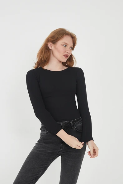 Wearflawless Kadın %100 PAMUKLU Bisiklet Yaka Uzun Kollu Fitilli Bluz ürün görseli 1