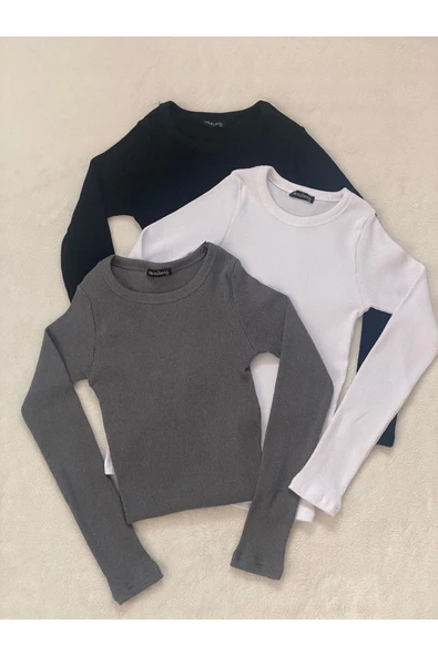 Wearflawless Kadın 3 lü Uzun Kollu Bisiklet Yaka Örme Kaşkorse Bluz ürün görseli 1