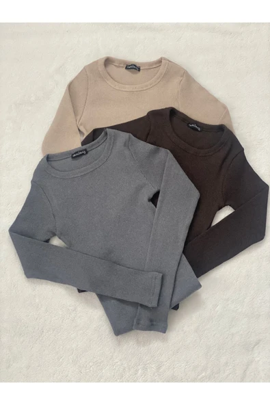 Wearflawless Kadın 3 lü Adet %100 PAMUKLU Bisiklet Yaka Kaşkorse  Fitilli Uzun Kol Bluz ürün görseli 1