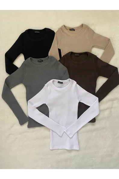 Wearflawless Kadın %100 PAMUKLU 5'li Bisiklet Yaka Uzun Kollu Fitilli Bluz ürün görseli 1