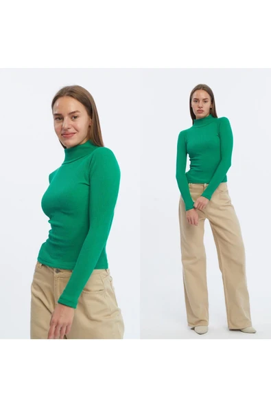 Wearflawless Kadın Uzun Kollu Fitilli Balıkçı Yaka Örme Bluz ürün görseli 1