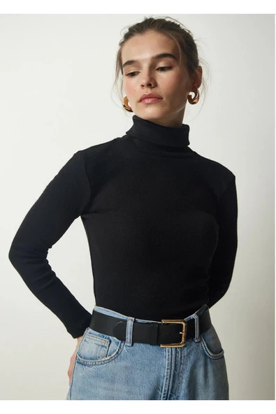 Wearflawless Kadın Uzun Kollu Fitilli Balıkçı Yaka Örme Bluz ürün görseli 1